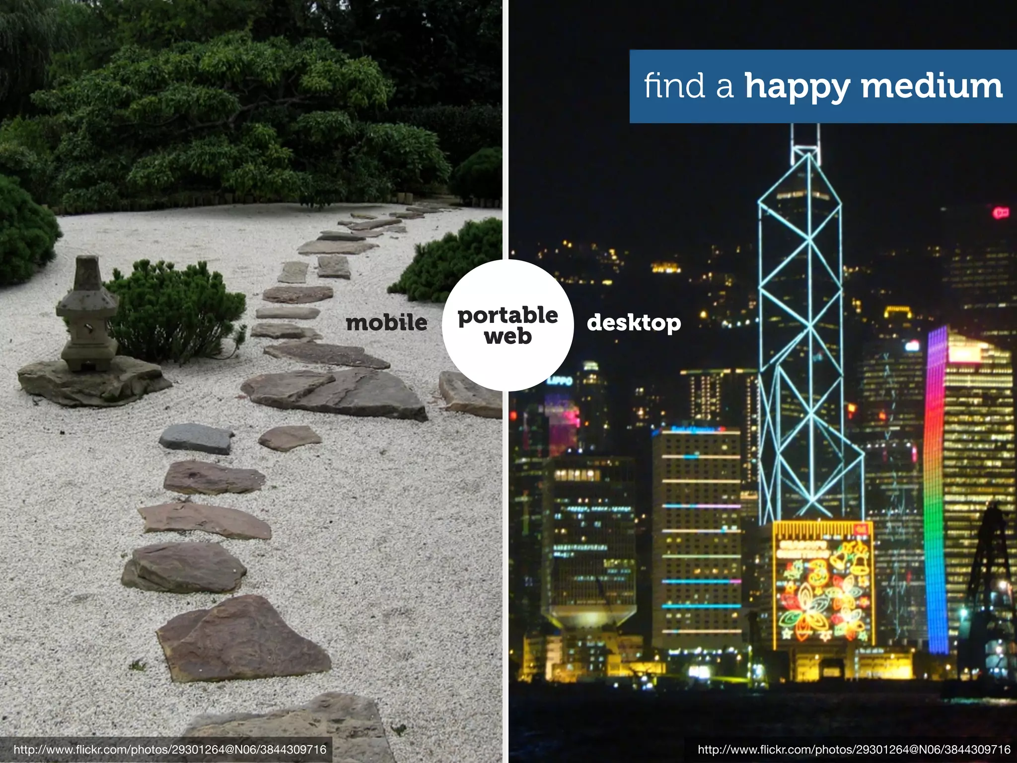 ﬁnd a happy medium




                                                      mobile   portable   desktop
                                                                 web




http://www.ﬂickr.com/photos/29301264@N06/3844309716                                 http://www.ﬂickr.com/photos/29301264@N06/3844309716
 