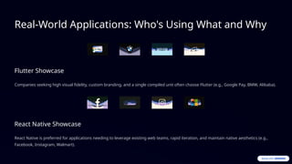 Real-World Applications: Who's Using What and Why
Flutter Showcase
Companies seeking high visual fidelity, custom branding, and a single compiled unit often choose Flutter (e.g., Google Pay, BMW, Alibaba).
React Native Showcase
React Native is preferred for applications needing to leverage existing web teams, rapid iteration, and maintain native aesthetics (e.g.,
Facebook, Instagram, Walmart).
 