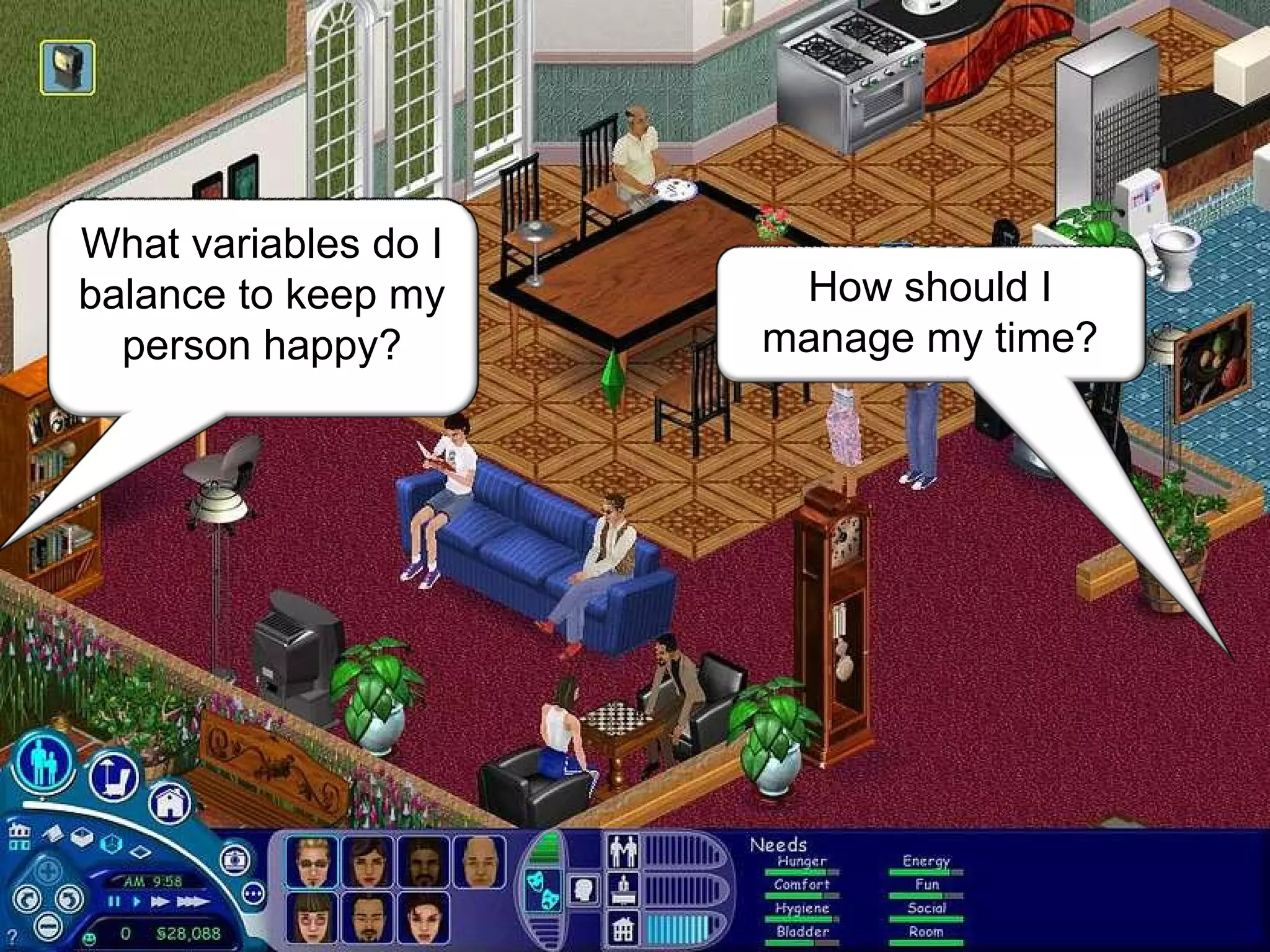 What variables do I balance to keep my person happy? How should I manage my time? 