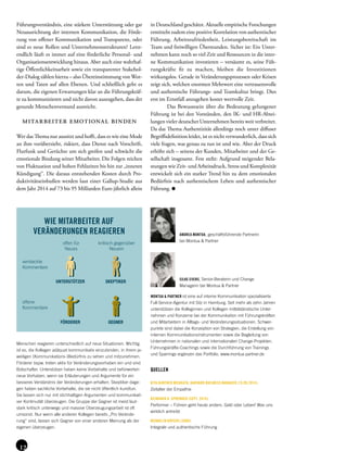 QUELLEN
RITA GUNTHER MCGRATH, HARVARD BUSINESS MANAGER (15.09.2014):
Zeitalter der Empathie
REINHARD K. SPRENGER (SEPT. 2014):
Performer – Führen geht heute anders. Geld oder Leben! Was uns
wirklich antreibt
WENDELIN KÜPERS (2006):
Integrale und authentische Führung
MONTUA & PARTNER ist eine auf interne Kommunikation spezialisierte
Full-Service-Agentur mit Sitz in Hamburg. Seit mehr als zehn Jahren
unterstützen die Kolleginnen und Kollegen mittelständische Unter-
nehmen und Konzerne bei der Kommunikation mit Führungskräften
und Mitarbeitern in Alltags- und Veränderungssituationen. Schwer-
punkte sind dabei die Konzeption von Strategien, die Erstellung von
internen Kommunikationsinstrumenten sowie die Begleitung von
Unternehmen in nationalen und internationalen Change-Projekten.
Führungskräfte-Coachings sowie die Durchführung von Trainings
und Sparrings ergänzen das Portfolio. www.montua-partner.de
SILKE EVERS, Senior-Beraterin und Change
Managerin bei Montua & Partner
ANDREA MONTUA, geschäftsführende Partnerin
bei Montua & Partner
Führungsverständnis, eine stärkere Unterstützung oder gar
Neuausrichtung der internen Kommunikation, die Förde-
rung von offener Kommunikation und Transparenz, oder
sind es neue Rollen und Unternehmensstrukturen? Letzt-
endlich läuft es immer auf eine förderliche Personal- und
Organisationsentwicklung hinaus. Aber auch eine wahrhaf-
tige Öffentlichkeitsarbeit sowie ein transparenter Stakehol-
der-Dialog zählen hierzu – also Übereinstimmung vonWor-
ten und Taten auf allen Ebenen. Und schließlich geht es
darum, die eigenen Erwartungen klar an die Führungskräf-
te zu kommunizieren und nicht davon auszugehen, dass der
gesunde Menschenverstand ausreicht.
mitarbeiter emotional binden
Wer das Thema nur aussitzt und hofft, dass es wie eine Mode
an ihm vorüberzieht, riskiert, dass Dienst nach Vorschrift,
Flurfunk und Gerüchte um sich greifen und schwächt die
emotionale Bindung seiner Mitarbeiter. Die Folgen reichen
von Fluktuation und hohen Fehlzeiten bis hin zur „inneren
Kündigung“. Die daraus entstehenden Kosten durch Pro-
duktivitätseinbußen werden laut einer Gallup-Studie aus
dem Jahr 2014 auf 73 bis 95 Milliarden Euro jährlich allein
in Deutschland geschätzt. Aktuelle empirische Forschungen
ermitteln zudem eine positive Korrelation von authentischer
Führung, Arbeitszufriedenheit, Leistungsbereitschaft im
Team und freiwilligen Überstunden. Sicher ist: Ein Unter-
nehmen kann noch so viel Zeit und Ressourcen in die inter-
ne Kommunikation investieren – versäumt es, seine Füh-
rungskräfte fit zu machen, bleiben die Investitionen
wirkungslos. Gerade in Veränderungsprozessen oder Krisen
zeigt sich, welchen enormen Mehrwert eine vertrauensvolle
und authentische Führungs- und Teamkultur bringt. Dies
erst im Ernstfall anzugehen kostet wertvolle Zeit.
Das Bewusstsein über die Bedeutung gelungener
Führung ist bei den Vorständen, den IK- und HR-Abtei-
lungen vieler deutscher Unternehmen bereits weit verbreitet.
Da das Thema Authentizität allerdings noch unter diffuser
Begriffsdefinition leidet, ist es nicht verwunderlich, dass sich
viele fragen, was genau zu tun ist und wie. Aber der Druck
erhöht sich – seitens der Kunden, Mitarbeiter und der Ge-
sellschaft insgesamt. Fest steht: Aufgrund steigender Bela-
stungen wie Zeit- und Arbeitsdruck, Stress und Komplexität
entwickelt sich ein starker Trend hin zu dem emotionalen
Bedürfnis nach authentischem Leben und authentischer
Führung.
WIE MITARBEITER AUF
VERÄNDERUNGEN REAGIEREN
offen für
Neues
kritisch gegenüber
Neuem
versteckte
Kommentare
offene
Kommentare
GEGNER
SKEPTIKERUNTERSTÜTZER
FÖRDERER
Menschen reagieren unterschiedlich auf neue Situationen. Wichtig
ist es, die Kollegen adäquat kommunikativ einzubinden, in ihrem je-
weiligen (Kommunikations-)Bedürfnis zu sehen und mitzunehmen.
Förderer bspw. treten aktiv für Veränderungsvorhaben ein und sind
Botschafter. Unterstützer haben keine Vorbehalte und befürworten
neue Vorhaben, wenn sie Erläuterungen und Argumente für ein
besseres Verständnis der Veränderungen erhalten. Skeptiker dage-
gen haben sachliche Vorbehalte, die sie nicht öffentlich kundtun.
Sie lassen sich nur mit stichhaltigen Argumenten und kommunikati-
ver Kontinuität überzeugen. Die Gruppe der Gegner ist meist laut-
stark kritisch unterwegs und massive Überzeugungsarbeit ist oft
umsonst. Nur wenn alle anderen Kollegen bereits „Pro Verände-
rung“ sind, lassen sich Gegner von einer anderen Meinung als der
eigenen überzeugen.
 
