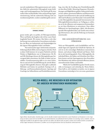 lung, etwa über die Erstellung eines Persönlichkeitsprofils
wie dem Reiss Profile), Mentoring-Programme (Herausfor-
derungen und Möglichkeiten gelebter Authentizität bearbei-
ten bzw. stärken), gemeinsame Reflexion undWeiterentwick-
lung der Unternehmenswerte oder auch die Einführung von
360-Grad-Feedbacks aus der Mannschaft. Und natürlich hilft
es, den Führungskräften das passende Instrumentarium der
Führungskräftekommunikation zur Verfügung zu stellen,
um sie bei der effizienten und transparenten Kommunikati-
on mit ihren Mitarbeitern zu unterstützen. Dazu zählen
Hilfsmittel wie Sprachregelungen, Q&A, Info-Routinen,
spezielle Führungskräftemedien und -kanäle sowie rechtzei-
tige Informationen, aber auch die Förderung von Austausch
untereinander.
die geschäftsführung als
förderer
Nicht nur Führungskräfte, auch Geschäftsführer und Vor-
stände fragen sich angesichts der Vielzahl der Optionen, ob
und wie sie die notwendigen Maßnahmen monetarisieren
können, und scheuen häufig Aufwand und Kosten. Doch
das ist sehr kurzsichtig gedacht. Denn: Führungskräfte, die
individuell führen, die Stärken und Schwächen ihrer Mitar-
beiter kennen und eher Sparringspartner denn Kontrolleur
ihrer Mitarbeiter sind, arbeiten wesentlich effizienter, können
unternehmerischer denken und handeln.
Möchte die Geschäftsführung diese Vorteile nutzen,
sollte sie konsequent und zielstrebig das Thema fördern.
Dann heißt es, sich Gedanken zu machen, was im eigenen
Unternehmen notwendig ist: Ist es ein neues, gemeinsames
nun sehr standardisierte Führungsinstrumente und -metho-
den, bleibt der authentischen Führungskraft wenig Entfal-
tungs- und Gestaltungsspielraum. Das Gleiche gilt für einen
starken Fokus auf Shareholder-Value und kurzfristige Ergeb-
nisorientierung. Soll also authentische Führung nicht nur
moralisierend gefordert, sondern tatsächlich gelebt und um-
gesetzt werden, gilt es zu prüfen, ob Führungsverständnis,
Werte und Kultur das hergeben oder ob hier zuerst Hand-
lungsbedarf besteht. Wir meinen: Hier lohnt es sich, über
das Konzept eines authentischen Unternehmens nachzuden-
ken, das Werte wie Authentizität und Glaubwürdigkeit bei
den eigenen Führungskräften fordert und fördert.
Nun wird mancher sagen: Authentizität und persön-
lichkeitsspezifische Rollen sind nur begrenzt erlernbar. Doch
an dieser Stelle kommen wir zur guten Nachricht und dem
Denken in Möglichkeiten statt in Stolpersteinen: Die IK-
und HR-Abteilungen können die Führungskräfte ganz her-
vorragend dabei unterstützen, ihre Rolle zu finden und aus-
zufüllen. Grundvoraussetzung dafür ist im ersten Schritt,
dass sie und auch die Geschäftsführung die zentrale Bedeu-
tung der Führungskräfte erkennen. Dann gibt es zahlreiche
Methoden und Ansätze wie spezifische Trainings (z.B. zu
Führungs- und Kommunikationsthemen), Sparrings und
Coachings (zur Selbstreflexion und Persönlichkeitsentwick-
„menschen kommen zu
unternehmen, aber sie verlassen
vorgesetzte.“
REINHARD K. SPRENGER
WELTEN-MODELL: WIE MENSCHEN IN DER INTERAKTION
MIT ANDEREN INFORMATIONEN WAHRNEHMEN
Motive/
Werte
Vor-
erfahrungen
Glaubens-
sätze
Mentaler
Zustand
Motive/
Werte
Vor-
erfahrungen
Glaubens-
sätze
Mentaler
Zustand
VERHALTEN
„WELT“ VON KOLLEGE A „WELT“ VON KOLLEGE B
THEMA
UMGEBUNG
©Montua&Partner
Eigene Werte, Glaubenssätze, Vorerfahrungen und der aktuelle mentale Zustand bestimmen unsere Reaktionen auf Situationen in der Umge-
bung und damit unsere Sicht auf die Welt. Für eine wertschätzende und authentische Kommunikation ist es wichtig, nicht zu erwarten, dass ein
Gegenüber die Welt mit den gleichen Augen sieht wie man selbst, das Gleiche fühlt und denkt, sondern durch aktives Zuhören und wertschät-
zende Fragen Verständnis füreinander zu schaffen und so einer gemeinsamen Sicht auf Situationen näherzukommen.
 