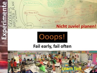 Experimente

http://www.flickr.com/photos/jurvetson/21470089/

Nicht zuviel planen!

Fail early, fail often

Learn fast

 