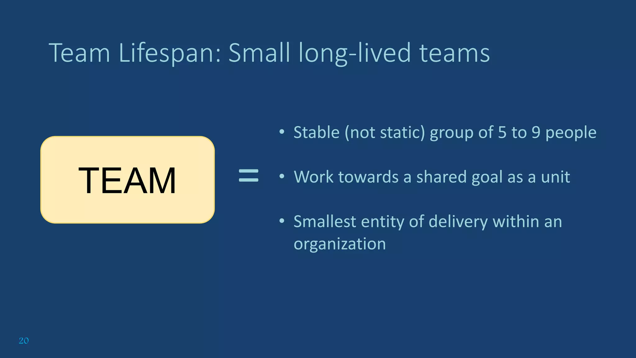 20
Team Lifespan: Small long-lived teams
TEAM =
• Stable (not static) group of 5 to 9 people
• Work towards a shared goal as a unit
• Smallest entity of delivery within an
organization
 