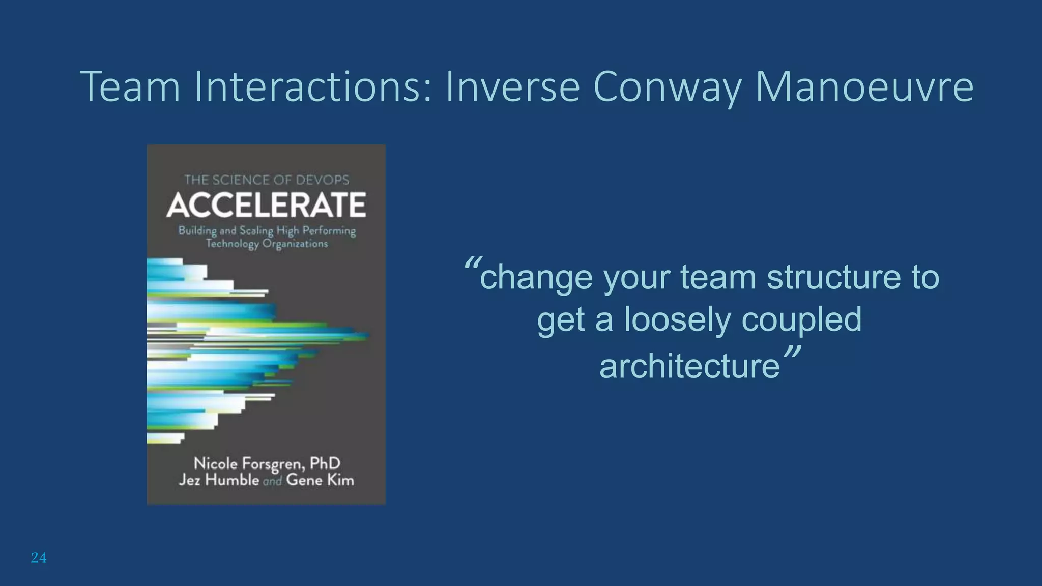 24
Team Interactions: Inverse Conway Manoeuvre
“change your team structure to
get a loosely coupled
architecture”
 