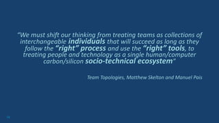 16
“We must shift our thinking from treating teams as collections of
interchangeable individuals that will succeed as long as they
follow the “right” process and use the “right” tools, to
treating people and technology as a single human/computer
carbon/silicon socio-technical ecosystem”
Team Topologies, Matthew Skelton and Manuel Pais
 