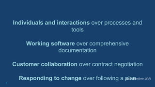 4
Individuals and interactions over processes and
tools
Working software over comprehensive
documentation
Customer collaboration over contract negotiation
Responding to change over following a plan
Agile Manifesto 2001
 