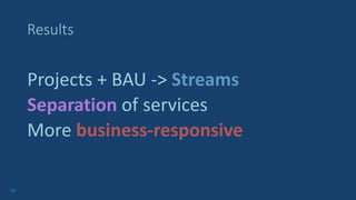 66
Results
Projects + BAU -> Streams
Separation of services
More business-responsive
 