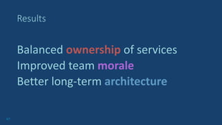 67
Results
Balanced ownership of services
Improved team morale
Better long-term architecture
 