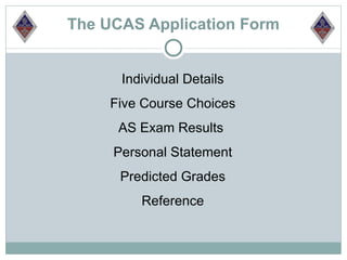 The UCAS Application Form


      Individual Details
     Five Course Choices
      AS Exam Results
     Personal Statement
      Predicted Grades
         Reference
 