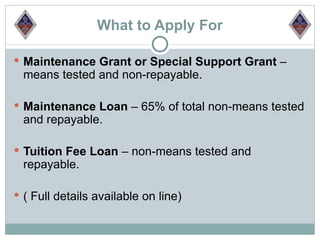 What to Apply For

 Maintenance Grant or Special Support Grant –
 means tested and non-repayable.

 Maintenance Loan – 65% of total non-means tested
 and repayable.

 Tuition Fee Loan – non-means tested and
 repayable.

 ( Full details available on line)
 