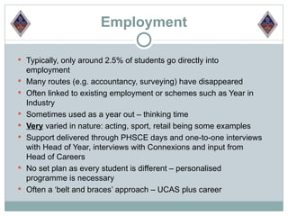 Employment

 Typically, only around 2.5% of students go directly into
    employment
   Many routes (e.g. accountancy, surveying) have disappeared
   Often linked to existing employment or schemes such as Year in
    Industry
   Sometimes used as a year out – thinking time
   Very varied in nature: acting, sport, retail being some examples
   Support delivered through PHSCE days and one-to-one interviews
    with Head of Year, interviews with Connexions and input from
    Head of Careers
   No set plan as every student is different – personalised
    programme is necessary
   Often a ‘belt and braces’ approach – UCAS plus career
 
