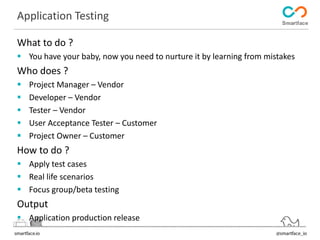 Application Testing 
What to do ? 
 You have your baby, now you need to nurture it by learning from mistakes 
Who does ? 
 Project Manager – Vendor 
 Developer – Vendor 
 Tester – Vendor 
 User Acceptance Tester – Customer 
 Project Owner – Customer 
How to do ? 
 Apply test cases 
 Real life scenarios 
 Focus group/beta testing 
Output 
 Application production release 
 