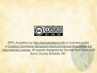 EPIC Academy by http://epicacademy.info is licensed under
a Creative Commons Attribution-NonCommercial-ShareAlike 4.0
International License. All quests designed by the teachers leaders of
Surry County Schools, NC.
 