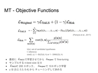 MT - Objective Functions
● 最初に で学習させてから で fine-tuning
● サンプルする n-best size は 8
● で 200 エポック、 で 10エポック学習
● γ は {0.2, 0.3, 0...