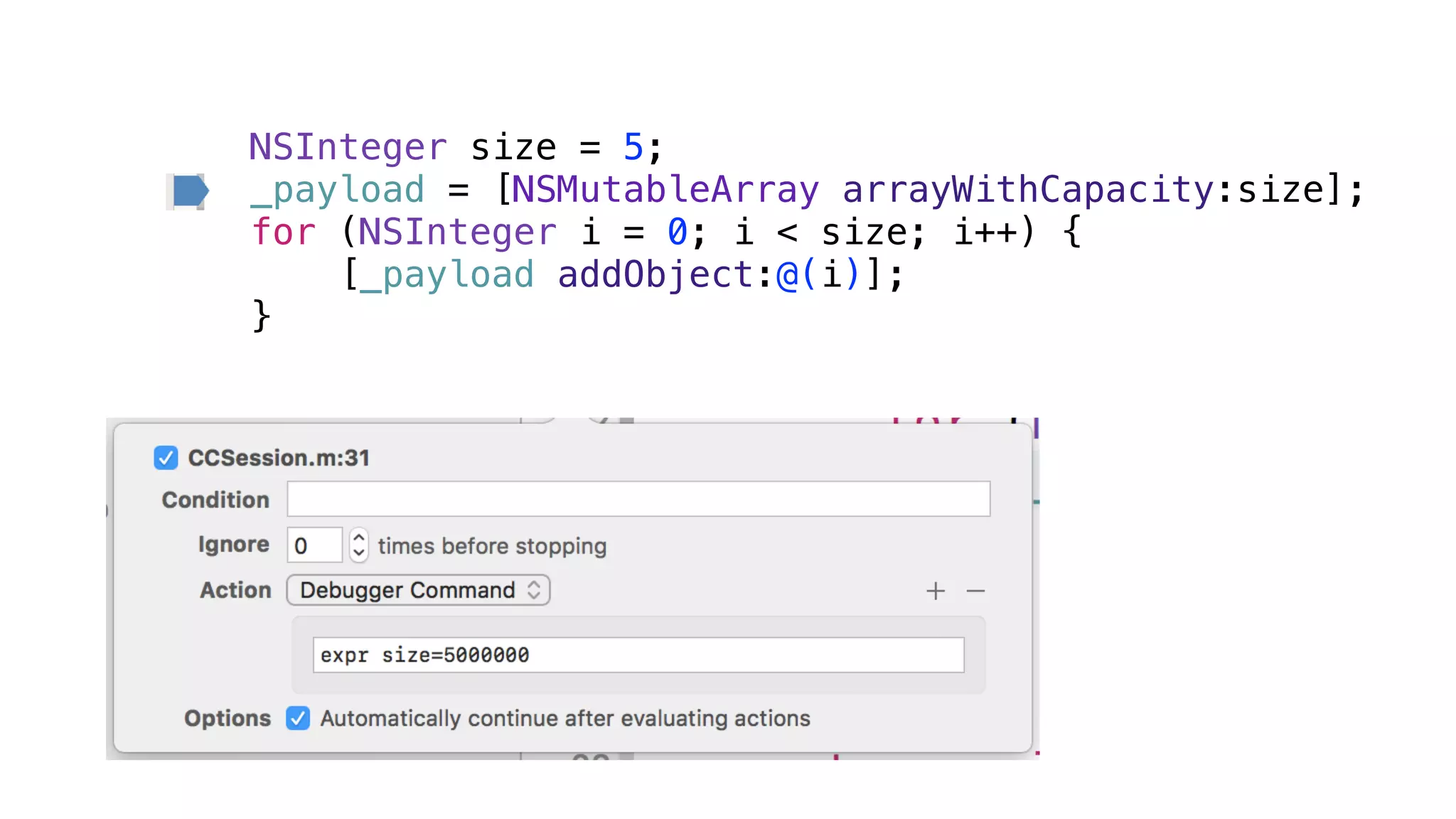 NSInteger size = 5;
_payload = [NSMutableArray arrayWithCapacity:size];
for (NSInteger i = 0; i < size; i++) {
[_payload addObject:@(i)];
}
 