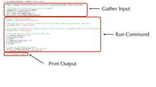 def jq_command(debugger, command, result, dict):
frame = debugger.GetSelectedTarget().GetProcess().GetSelectedThread().GetSelectedFrame()
# The command is called like "jq <filter> <stringVar>”
command_args = shlex.split(command)
jq_filter = command_args[0]
val = frame.var(command_args[1])
val_string = val.GetObjectDescription()
# path to the jq executable.
jq_exe = "/Users/aijaz/local/bin/jq"
# We save the filter to a file so that we don’t have to worry about escaping special characters.
jq_filter_file = "/tmp/jq_filter"
# the value of the NSString variable is saved in this file jq will be invoked on the file, not using stdin
jq_json_file = "/tmp/jq_json"
# write the json file and jq filter to temp files
f = open(jq_json_file, 'w')
f.write(val_string)
f.close()
f = open(jq_filter_file, 'w')
f.write(jq_filter)
f.close()
# invoke jq and capture the output
output = commands.getoutput("%s -f %s %s" % (
jq_exe, jq_filter_file, jq_json_file) )
print >>result, output
Gather Input
Run Command
Print Output
 
