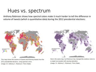 Hues vs. spectrum
Anthony Robinson shows how spectral colors make it much harder to tell the difference in
volume of tweets (which is quantitative data) during the 2012 presidential elections:
 
