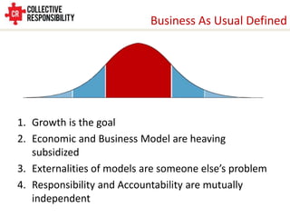 Business As Usual Defined




1. Growth is the goal
2. Economic and Business Model are heaving
   subsidized
3. Externalities of models are someone else’s problem
4. Responsibility and Accountability are mutually
   independent
 