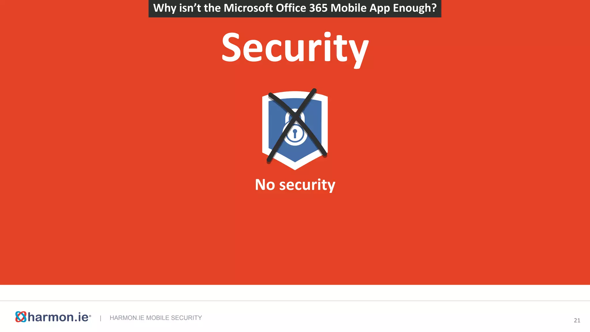 | HARMON.IE MOBILE SECURITY 22
Documents
No check-in/
check-out
No
metadata
No tracking of
document
updates
No search No way to email
document links
Why isn’t the Microsoft Office 365 Mobile App Enough?
 
