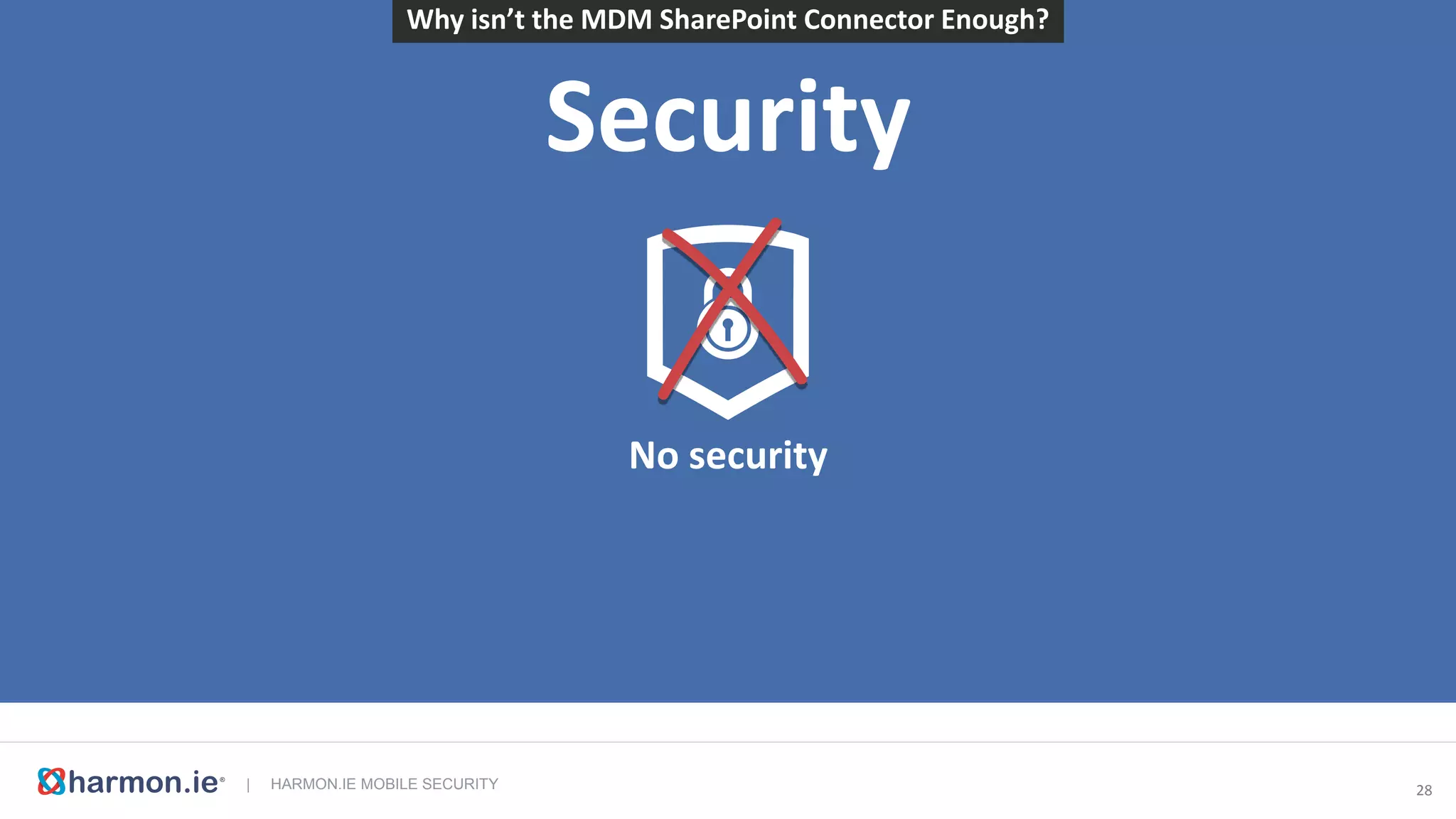 | HARMON.IE MOBILE SECURITY 29
Collaboration
No social integration
Why isn’t the MDM SharePoint Connector Enough?
No Lync No SharePoint SocialNo Yammer
 