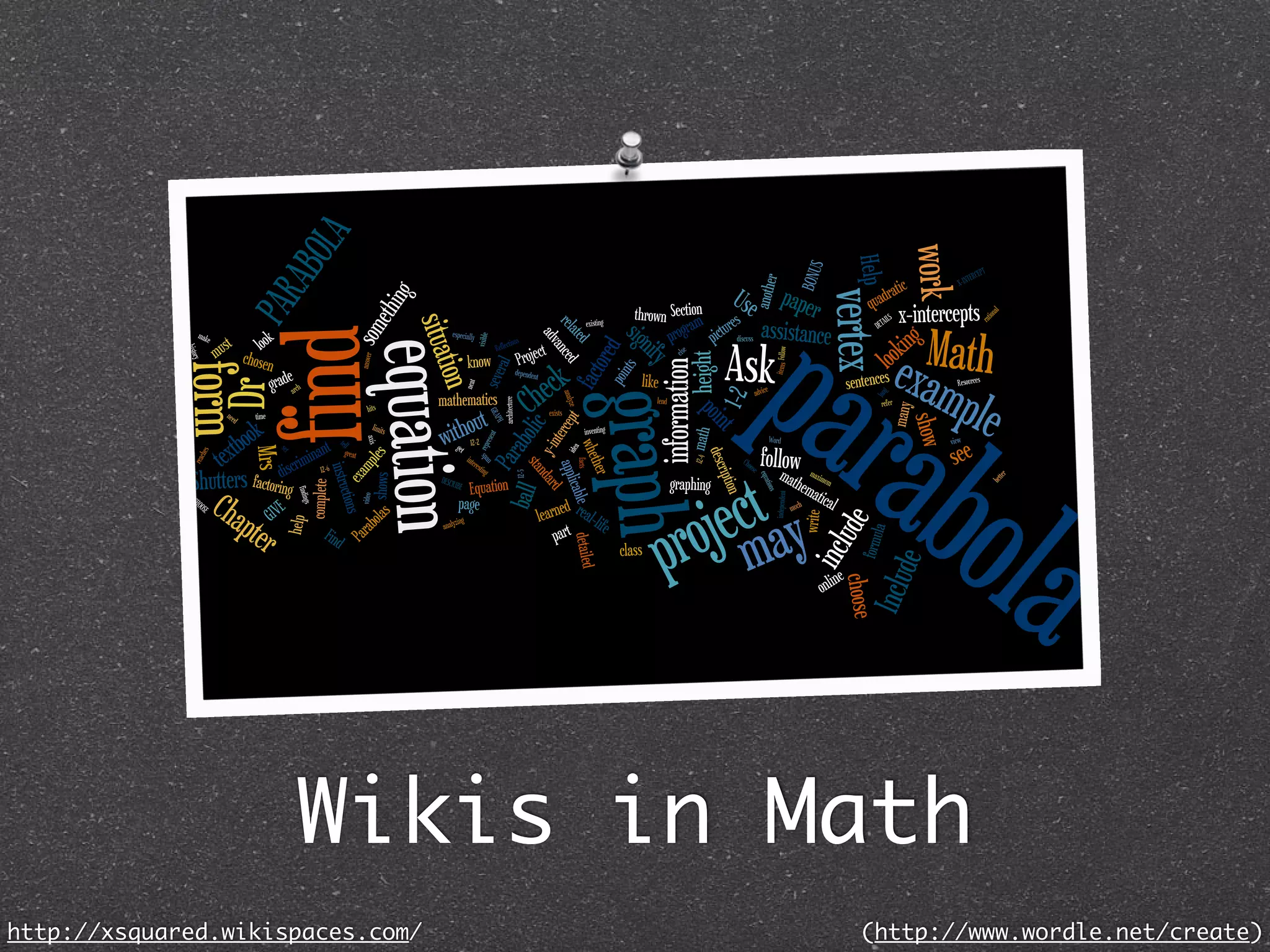 Wikis in Math
http://xsquared.wikispaces.com/   (http://www.wordle.net/create)
 
