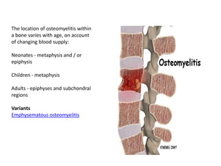 The location of osteomyelitis within
a bone varies with age, on account
of changing blood supply:
Neonates - metaphysis and / or
epiphysis
Children - metaphysis
Adults - epiphyses and subchondral
regions
Variants
Emphysematous osteomyelitis
 