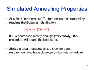16
Simulated Annealing Properties
• At a fixed “temperature” T, state occupation probability
reaches the Boltzman distribution
• If T is decreased slowly enough (very slowly), the
procedure will reach the best state.
• Slowly enough has proven too slow for some
researchers who have developed alternate schedules.
p(x) = e^(E(x)/kT)
 