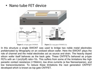 • Nano tube FET device
In this structure a single SWCNT was used to bridge two noble metal electrodes
prefabricated by lithography on an oxidized silicon wafer. Here the SWCNT plays the
role of channel and the metal electrodes act as source and drain. The heavily doped
silicon wafer itself behaves as the back gate. These CNTFETs behaved as p-type
FETs with an I (on)/I(off) ratio~105. This suffers from some of the limitations like high
parasitic contact resistance (=1Mohm), low drive currents (a few Nanoamperes), and
low transconductance. To reduce these limitations the next generation CNTFET
developed which is known as top gate CNTFET.
 