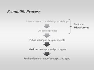 Ecomo09: ProcessInternal research and design workshopsCo-design projectPublic sharing of design conceptsSimilar to MicroFuturesHack-a-thon: apps and prototypesFurther development of concepts and apps