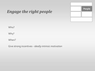 PeopleEngage the right peopleWho?Why?When?Give strong incentives - ideally intrinsic motivation