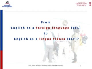 Language
Learning Media
Kurt Kohn - Beyond Communicative Language Teaching
F r o m
E n g l i s h a s a f o r e i g n l a n g u a g e ( E F L )
t o
E n g l i s h a s a l i n g u a f r a n c a ( E L F ) ?
7
 