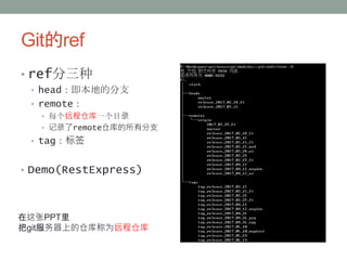 Git的ref
• ref分三种
• head：即本地的分支
• remote：
• 每个远程仓库一个目录
• 记录了remote仓库的所有分支
• tag：标签
• Demo(RestExpress)
在这张PPT里
把git服务器上的仓库称为远程仓库
 
