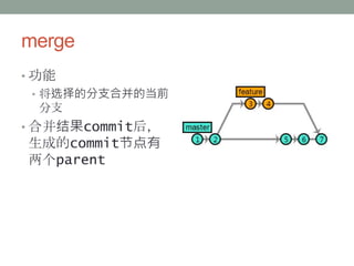 merge
• 功能
• 将选择的分支合并的当前
分支
• 合并结果commit后，
生成的commit节点有
两个parent
 