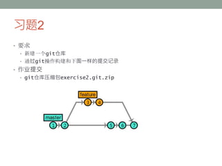 习题2
• 要求
• 新建一个git仓库
• 通过git操作构建和下图一样的提交记录
• 作业提交
• git仓库压缩包exercise2.git.zip
 