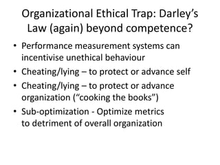 Organizational Ethical Trap: Darley’s 
Law (again) beyond competence? 
• Performance measurement systems can 
incentivise unethical behaviour 
• Cheating/lying – to protect or advance self 
• Cheating/lying – to protect or advance 
organization (“cooking the books”) 
• Sub-optimization - Optimize metrics 
to detriment of overall organization 
 