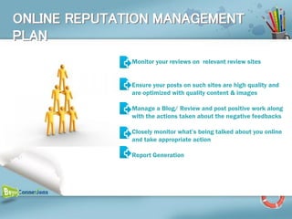 ONLINE REPUTATION MANAGEMENT
PLAN
              Monitor your reviews on relevant review sites


              Ensure your posts on such sites are high quality and
              are optimized with quality content & images

              Manage a Blog/ Review and post positive work along
              with the actions taken about the negative feedbacks

              Closely monitor what’s being talked about you online
              and take appropriate action

              Report Generation
 