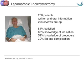 Vascular surgery @ Tallaght
200 patients
written and oral information
2 interviews pre-op
84% satisfied
85% knowledge of indication
51% knowledge of procedure
30% list one complication
Kriwanek S et al. Dig Surg 1998; 15: 669-73
Laparoscopic Cholecystectomy
 