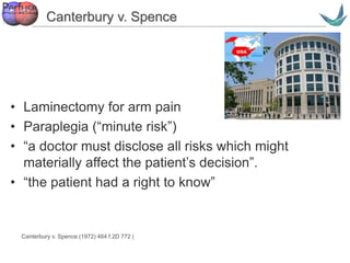 Vascular surgery @ Tallaght
Canterbury v. Spence
• Laminectomy for arm pain
• Paraplegia (“minute risk”)
• “a doctor must disclose all risks which might
materially affect the patient’s decision”.
• “the patient had a right to know”
Canterbury v. Spence (1972) 464 f.2D 772 (
 