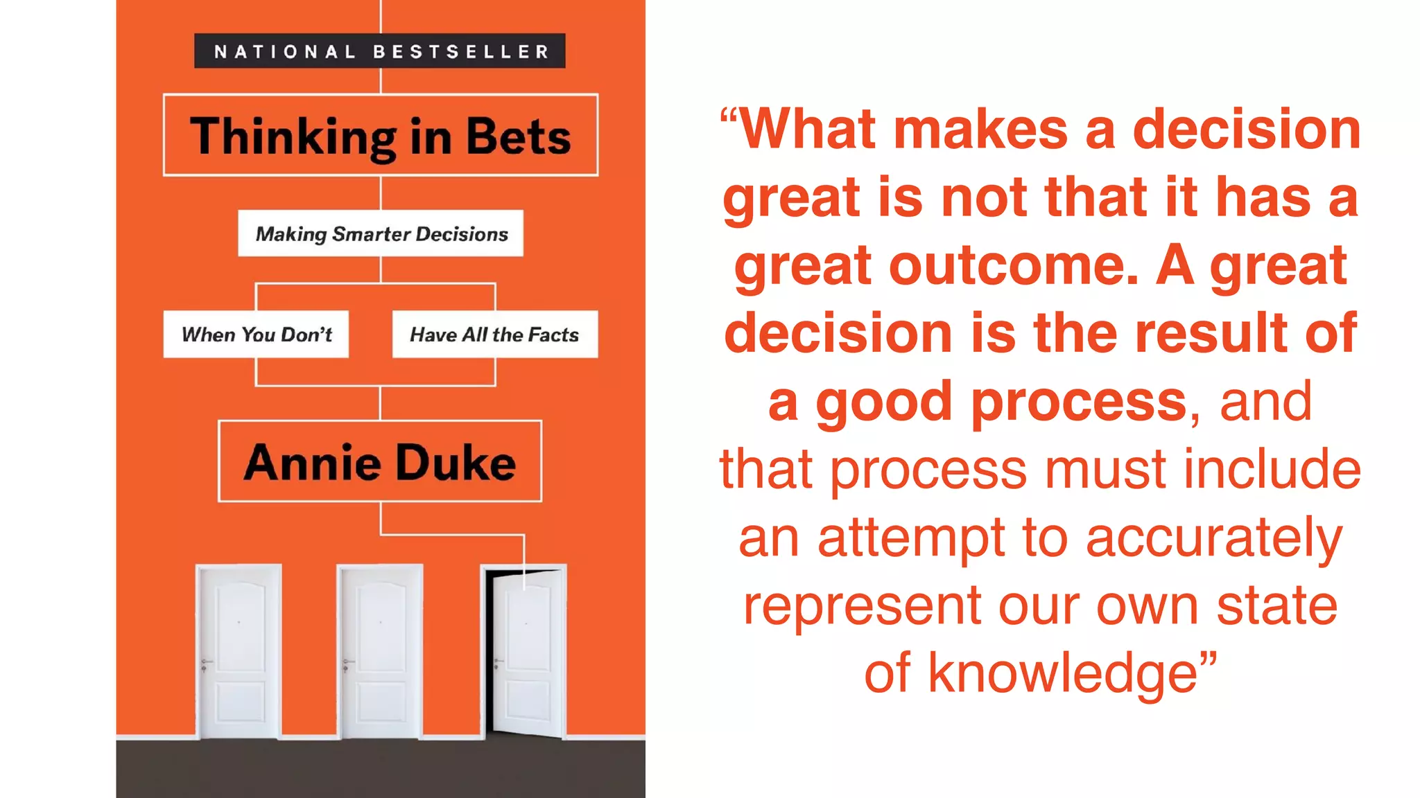 “What makes a decision
great is not that it has a
great outcome. A great
decision is the result of
a good process, and
that process must include
an attempt to accurately
represent our own state
of knowledge”
 