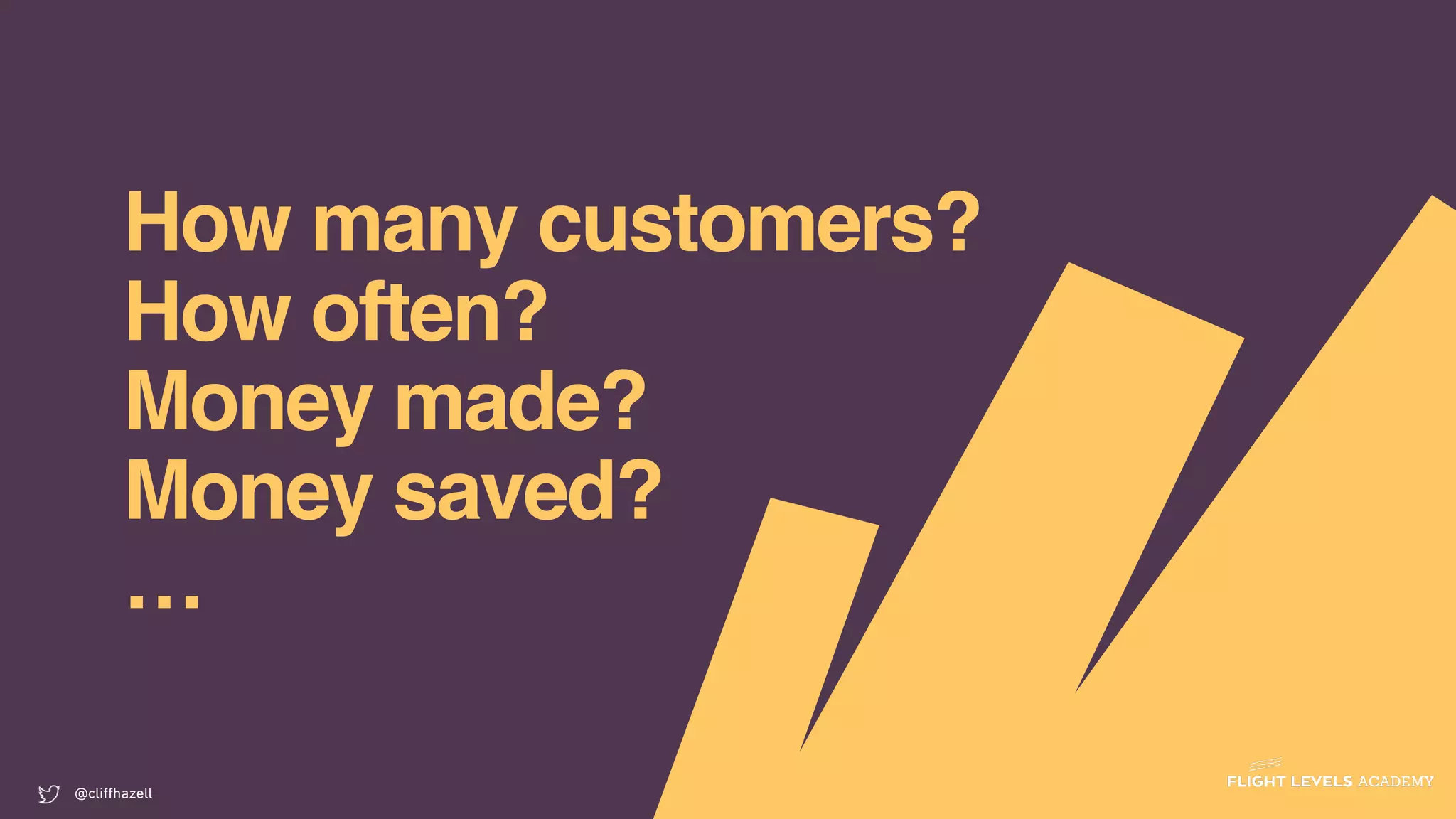 How many customers?
How often?
Money made?
Money saved?
…
@cliﬀhazell
 