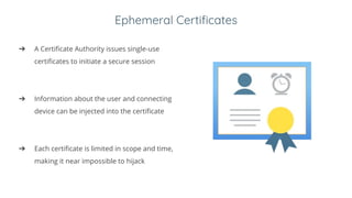 Ephemeral Certificates
➔ A Certificate Authority issues single-use
certificates to initiate a secure session
➔ Information about the user and connecting
device can be injected into the certificate
➔ Each certificate is limited in scope and time,
making it near impossible to hijack
 