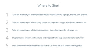 Where to Start
1 Take an inventory of all employee devices - workstations, laptops, tablets, and phones
2 Take an inventory of all company resources to protect - apps, databases, servers, etc.
3 Take an inventory of all static credentials - shared passwords, ssh keys, etc.
4 Diagram your system architecture and inspect traffic logs to understand behavior
5 Start to collect device state metrics - is the OS up to date? Is the disk encrypted?
 