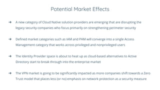 Potential Market Effects
➔ A new category of Cloud Native solution providers are emerging that are disrupting the
legacy security companies who focus primarily on strengthening perimeter security
➔ Defined market categories such as IAM and PAM will converge into a single Access
Management category that works across privileged and nonprivileged users
➔ The Identity Provider space is about to heat up as cloud-based alternatives to Active
Directory start to break through into the enterprise market
➔ The VPN market is going to be significantly impacted as more companies shift towards a Zero
Trust model that places less (or no) emphasis on network protection as a security measure
 