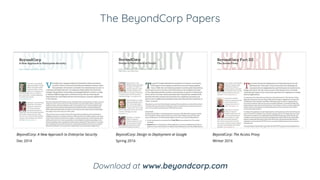 The BeyondCorp Papers
BeyondCorp: A New Approach to Enterprise Security
Dec 2014
BeyondCorp: Design to Deployment at Google
Spring 2016
BeyondCorp: The Access Proxy
Winter 2016
Download at www.beyondcorp.com
 