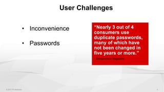 • Inconvenience
• Passwords
User Challenges
“Nearly 3 out of 4
consumers use
duplicate passwords,
many of which have
not been changed in
five years or more.”
- Entrepreneur Magazine
 