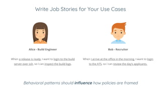 Write Job Stories for Your Use Cases
Alice - Build Engineer
When a release is ready, I want to login to the build
server over ssh, so I can inspect the build logs.
Bob - Recruiter
When I arrive at the office in the morning, I want to login
to the ATS, so I can review the day’s applicants.
Behavioral patterns should influence how policies are framed
 