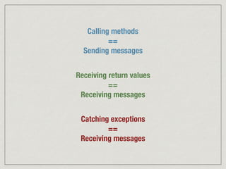 Calling methods
==
Sending messages
Receiving return values
==
Receiving messages
Catching exceptions
==
Receiving messages
 