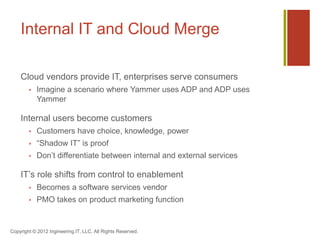 Internal IT and Cloud Merge

    Cloud vendors provide IT, enterprises serve consumers
           Imagine a scenario where Yammer uses ADP and ADP uses
            Yammer

    Internal users become customers
           Customers have choice, knowledge, power
           “Shadow IT” is proof
           Don’t differentiate between internal and external services

    IT’s role shifts from control to enablement
           Becomes a software services vendor
           PMO takes on product marketing function


Copyright © 2012 Ingineering.IT, LLC. All Rights Reserved.
 