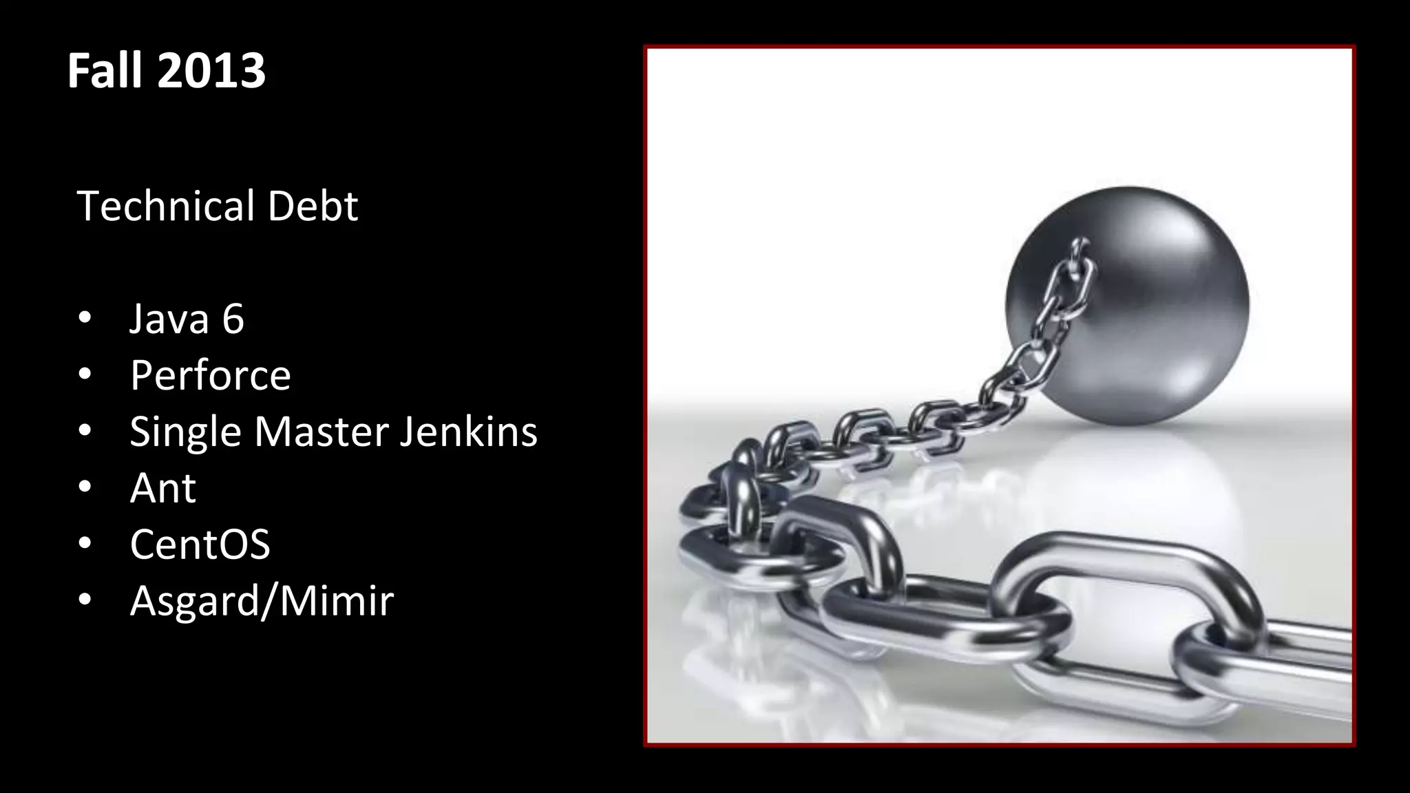 Technical Debt
• Java 6
• Perforce
• Single Master Jenkins
• Ant
• CentOS
• Asgard/Mimir
Fall 2013
 
