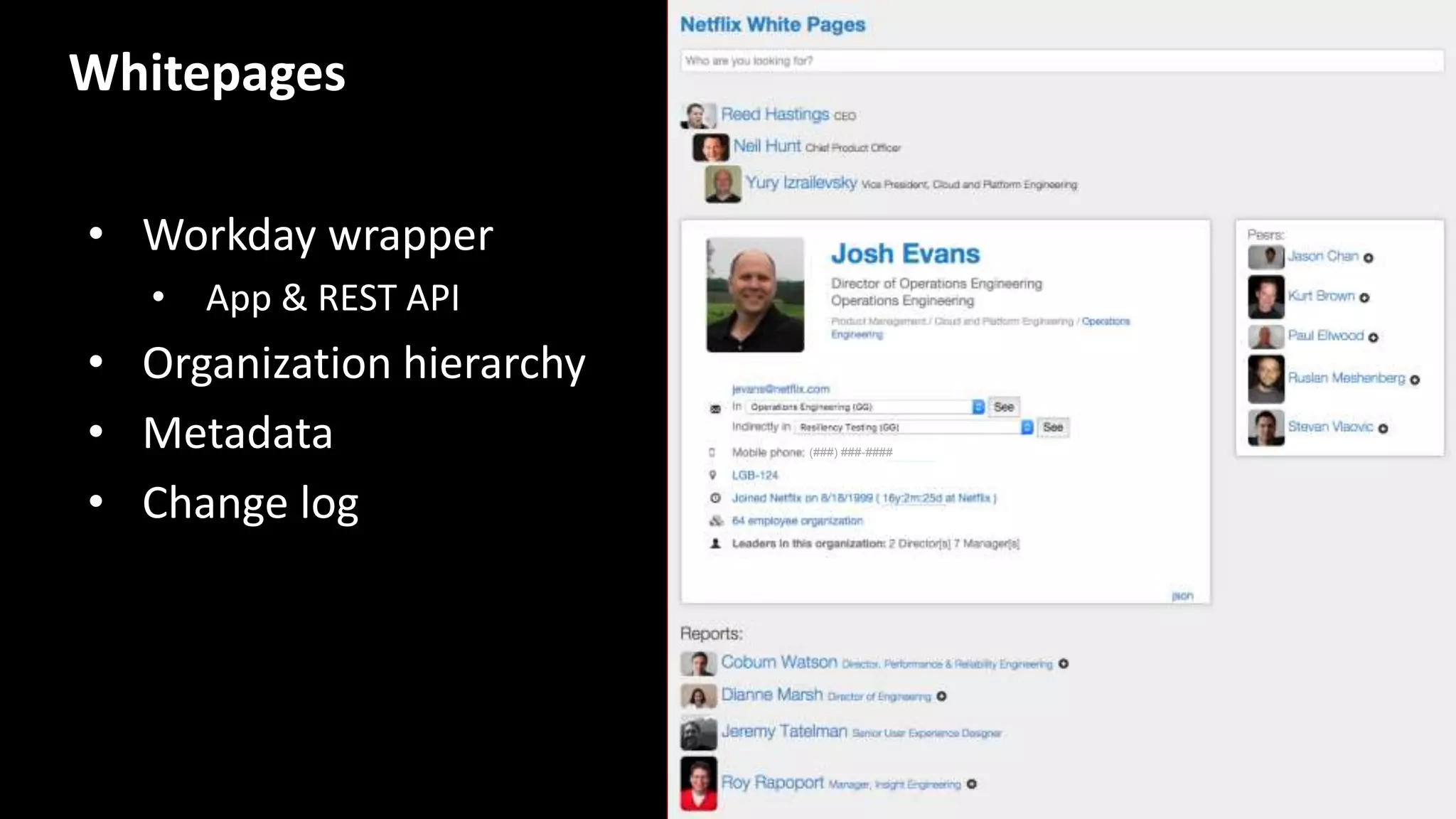 Whitepages
• Workday wrapper
• App & REST API
• Organization hierarchy
• Metadata
• Change log
(###) ###-####
 